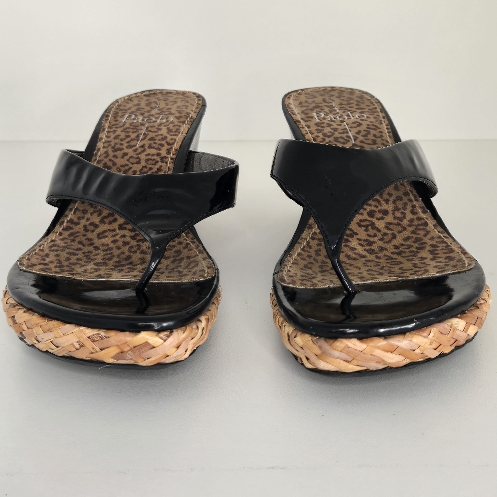 Paolo Black Patent Wedge Sandals Leopard Footbed Thong 3” Heel - Picture 2 of 11